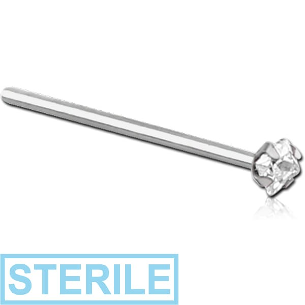 STERILE SURGICAL STEEL STRAIGHT PRONG SET SQUARE JEWELLED NOSE STUD