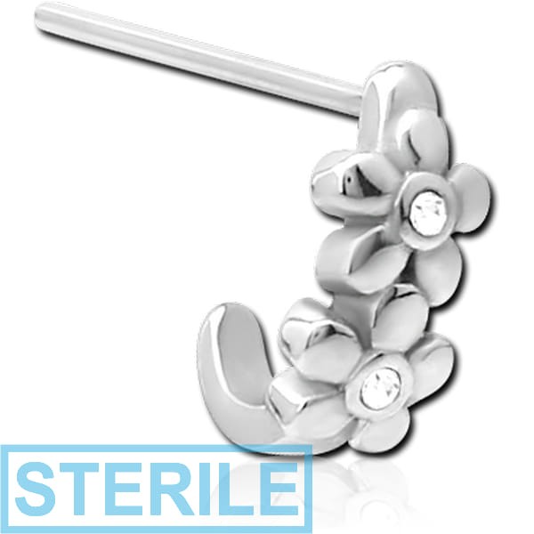 STERILE SURGICAL STEEL STRAIGHT JEWELLED WRAP AROUND NOSE STUD - 2 FLOWERS