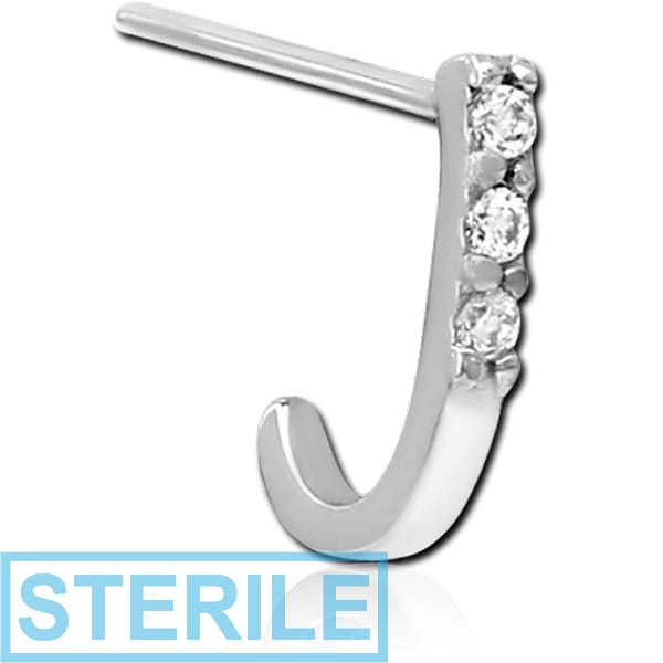 STERILE SURGICAL STEEL STRAIGHT JEWELLED WRAP AROUND NOSE STUD - TRIPLE GEM SQUARE BAR
