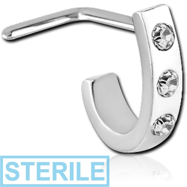 STERILE SURGICAL STEEL 90 DEGREE JEWELLED WRAP AROUND NOSE STUD - FLAT TRIPLE GEM