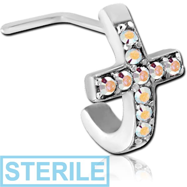 STERILE SURGICAL STEEL 90 DEGREE JEWELLED WRAP AROUND NOSE STUD - CROSS EITH GEMS