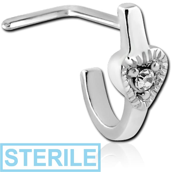 STERILE SURGICAL STEEL 90 DEGREE JEWELLED WRAP AROUND NOSE STUD - BIG HEART FLAT BAR