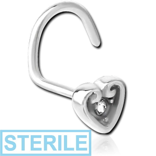 STERILE SURGICAL STEEL JEWELLED LARGE CURVE NOSE STUD - HEART