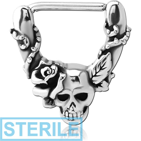 STERILE SURGICAL STEEL NIPPLE CLICKER - SKULLS AND ROSE