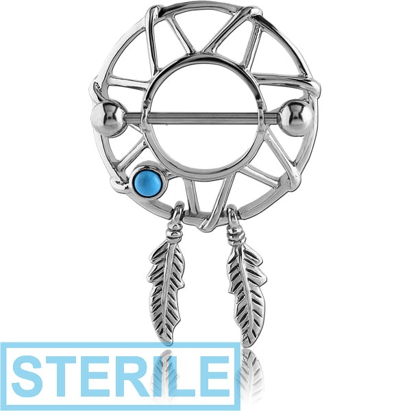 STERILE SURGICAL STEEL JEWELLED NIPPLE SHIELD - DREAMCATCHER WITH FEATHERS
