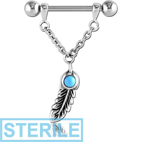 STERILE SURGICAL STEEL TURQUOISE NIPPLE SHIELD - CHAIN WITH FEATHER