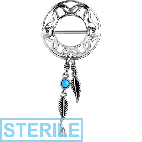 STERILE SURGICAL STEEL TURQUOISE DREAMCATCHER WITH FEATHERS NIPPLE SHIELD