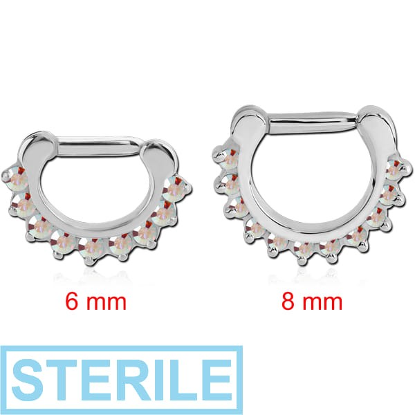 STERILE SURGICAL STEEL ROUND PRONG SET JEWELLED HINGED SEPTUM CLICKER RING