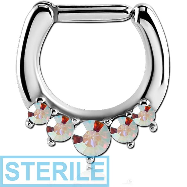 STERILE SURGICAL STEEL ROUND HIGH END CRYSTALS JEWELLED HINGED SEPTUM CLICKER