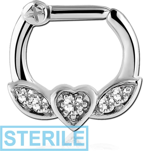STERILE SURGICAL STEEL WINGED HEART PRONG SET JEWELLED HINGED SEPTUM CLICKER