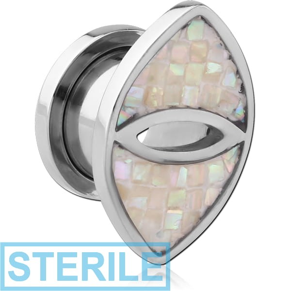 STERILE STAINLESS STEEL SYNTHETIC MOTHER OF PEARL MOSAIC DOUBLE FLARED TUNNEL WITH SURGICAL STEEL TOP - EYE