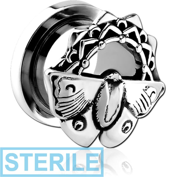 STERILE STAINLESS STEEL THREADED TUNNEL WITH RHODIUM PLATED BRASS TOP - MOTH FILIGREE