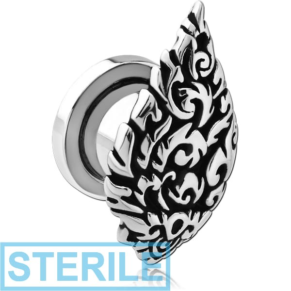 STERILE STAINLESS STEEL THREADED TUNNEL WITH RHODIUM PLATED BRASS TOP - LEAF FILIGREE