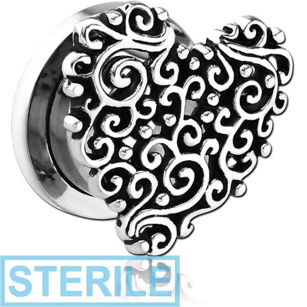 STERILE STAINLESS STEEL THREADED TUNNEL WITH RHODIUM PLATED BRASS TOP - HEART FILIGREE