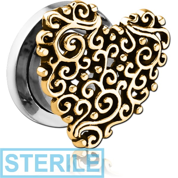 STERILE STAINLESS STEEL THREADED TUNNEL WITH BRASS TOP - HEART FILIGREE