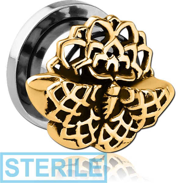 STERILE STAINLESS STEEL THREADED TUNNEL WITH BRASS TOP - MOTH FILIGREE