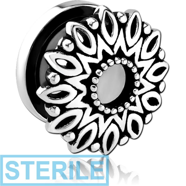 STERILE STAINLESS STEEL THREADED TUNNEL WITH RHODIUM PLATED BRASS TOP - FLOWER FILIGREE