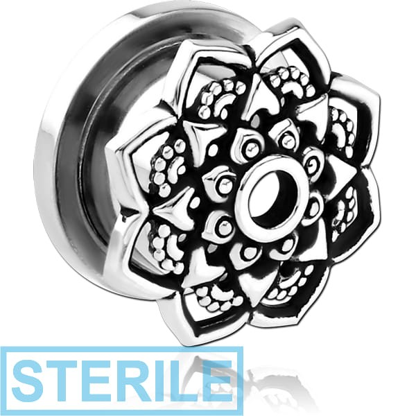 STERILE STAINLESS STEEL THREADED TUNNEL WITH SURGICAL STEEL TOP - FLOWER FILIGREE