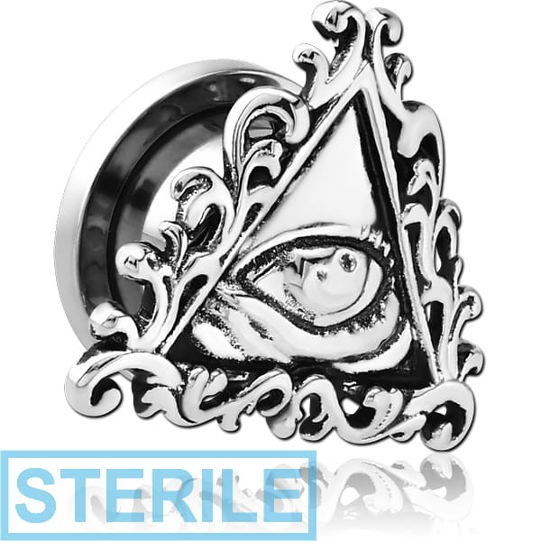 STERILE STAINLESS STEEL THREADED TUNNEL WITH RHODIUM PLATED BRASS TOP - EYE OF PROVIDENCE FILIGREE