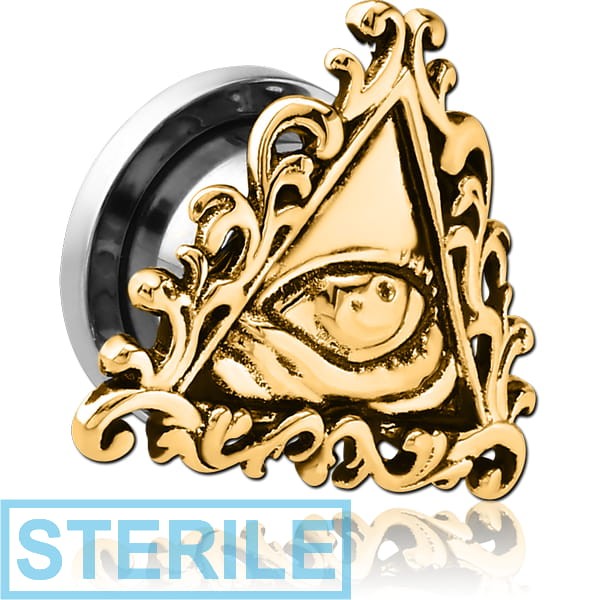 STERILE STAINLESS STEEL THREADED TUNNEL WITH BRASS TOP - EYE OF PROVIDENCE FILIGREE