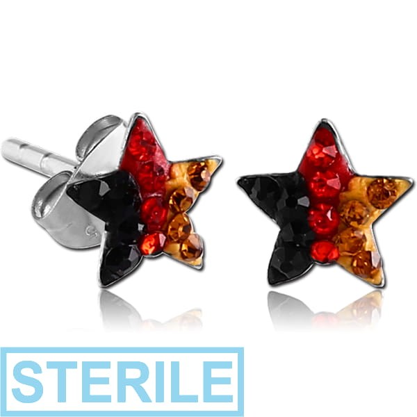 STERILE SURGICAL STEEL VALUE JEWELLED STAR EAR STUDS-GERMAN FLAG PAIR