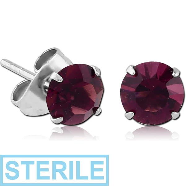 STERILE SURGICAL STEEL ROUND PRONG SET JEWELLED EAR STUDS PAIR