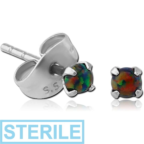 STERILE SURGICAL STEEL ROUND SYNTHETIC OPAL PRONG SET JEWELLED EAR STUDS PAIR