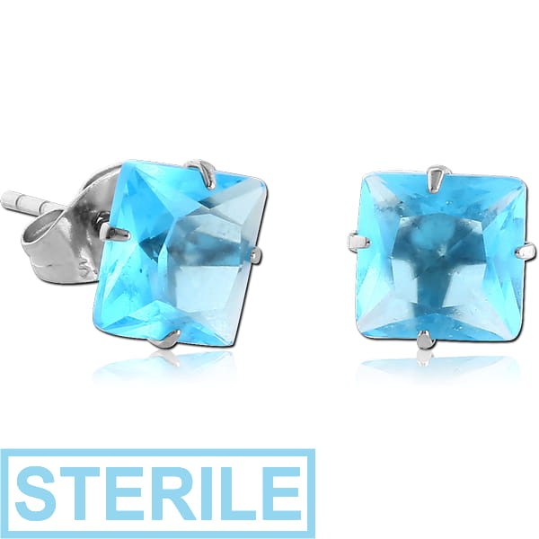 STERILE SURGICAL STEEL SQUARE PRONG SET JEWELLED EAR STUDS PAIR