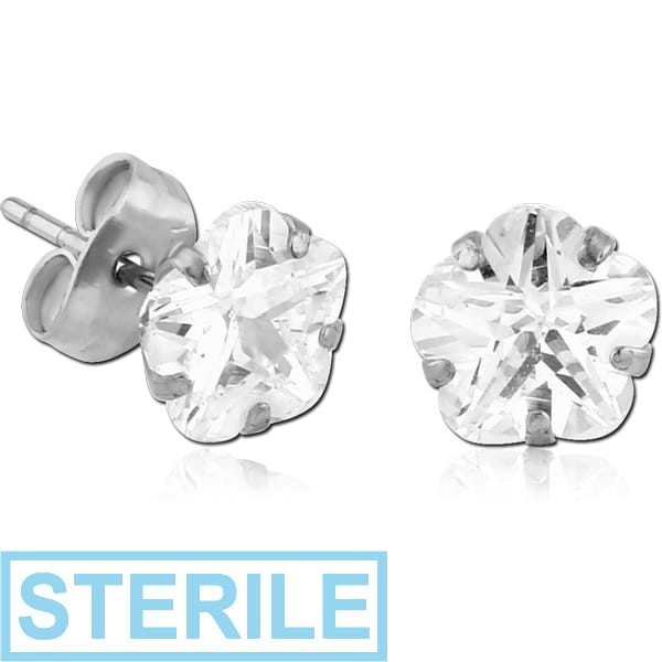 STERILE SURGICAL STEEL FLOWER PRONG SET JEWELLED EAR STUDS PAIR