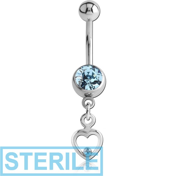 STERILE SURGICAL STEEL PREMIUM CRYSTAL JEWELLED NAVEL BANANA WITH STERLING SILVER 925 CHARM - HEART