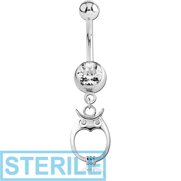 STERILE SURGICAL STEEL JEWELLED NAVEL BANANA WITH STERLING SILVER 925 CHARM - OWL