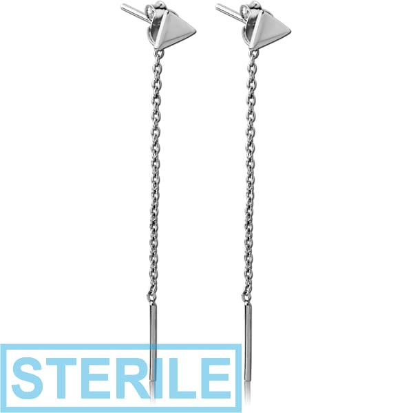 STERILE STERLING SILVER 925 CHAIN EARRINGS PAIR - TRIANGLE STUD WITH HANGING BAR