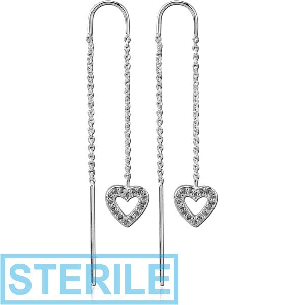STERILE STERLING SILVER 925 CHAIN JEWELLED EARRINGS PAIR - HEART