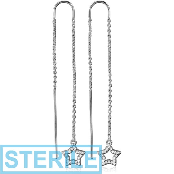 STERILE STERLING SILVER 925 JEWELLED CHAIN EARRINGS PAIR - STAR