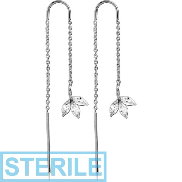 STERILE STERLING SILVER 925 JEWELLED CHAIN EARRINGS PAIR - LEAF