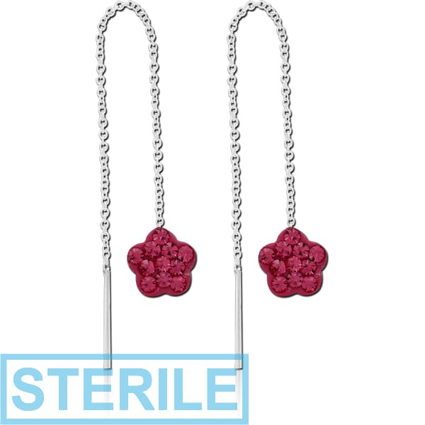 STERILE STERLING SILVER 925 JEWELLED CHAIN EARRINGS PAIR - FLOWER