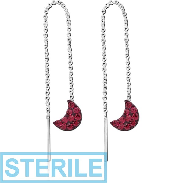 STERILE STERLING SILVER 925 JEWELLED CHAIN EARRINGS PAIR - CRESCENT