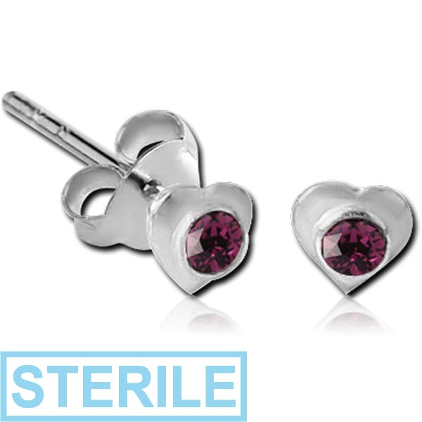 STERILE STERLING SILVER 925 JEWELLED EAR STUDS PAIR - HEART