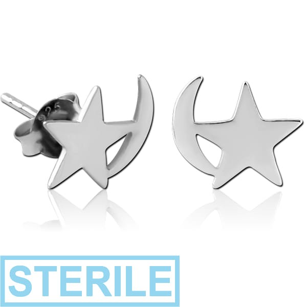STERILE STERLING SILVER 925 EAR STUDS PAIR - START AND CRESCENT