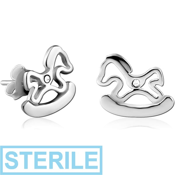 STERILE STERLING SILVER 925 JEWELLED EAR STUDS PAIR - ROCKCHAIR HORSE