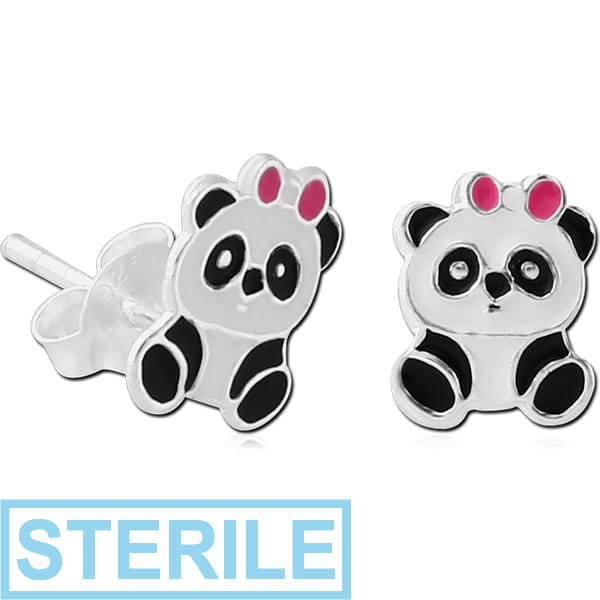 STERILE STERLING SILVER 925 EAR STUDS PAIR WITH ENAMEL - PANDA