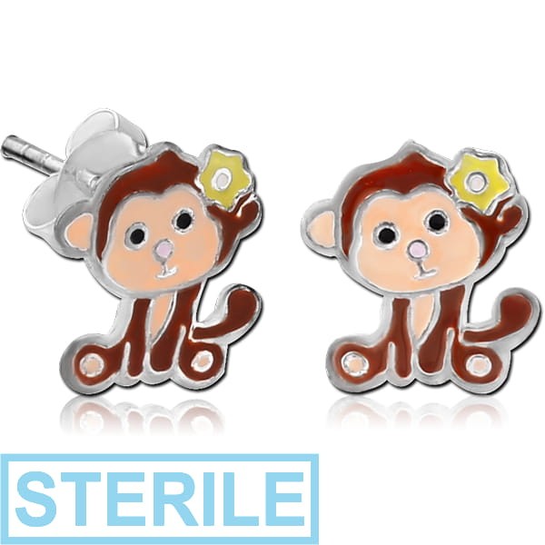 STERILE STERLING SILVER 925 EAR STUDS PAIR WITH ENAMEL - MONKEY
