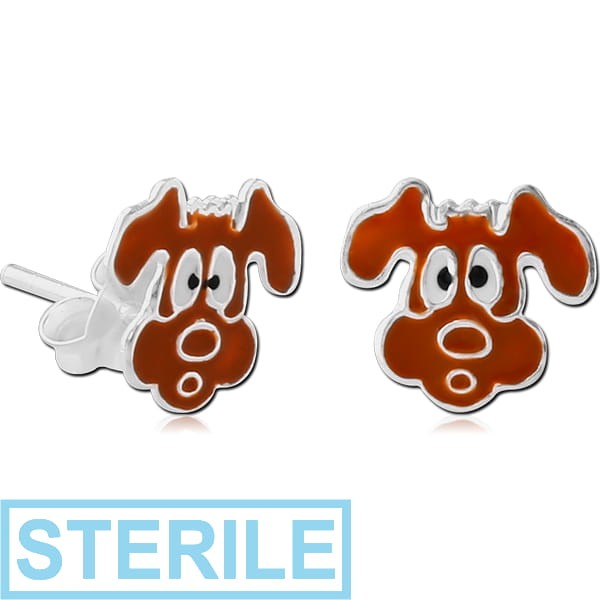 STERILE STERLING SILVER 925 EAR STUDS PAIR WITH ENAMEL - DOG