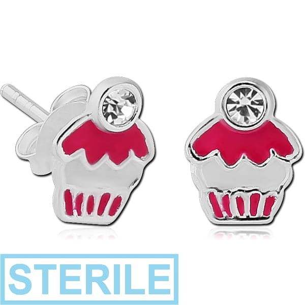 STERILE STERLING SILVER 925 JEWELLED EAR STUDS PAIR WITH ENAMEL- CUPCAKE
