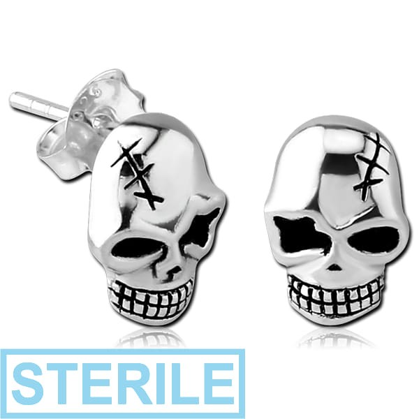 STERILE STERLING SILVER 925 EAR STUDS PAIR - SKULL