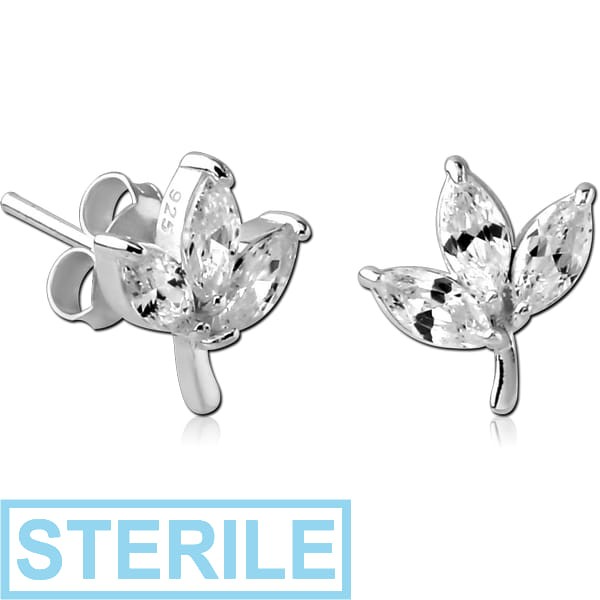 STERILE STERLING SILVER 925 JEWELLED EAR STUDS PAIR - LEAF