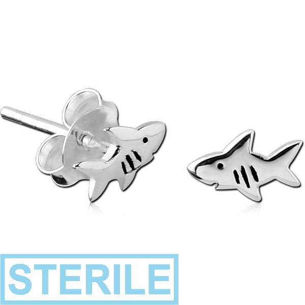STERILE STERLING SILVER 925 EAR STUDS PAIR - SHARK