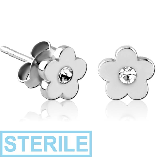 STERILE STERLING SILVER 925 JEWELLED EAR STUDS PAIR -FLOWER