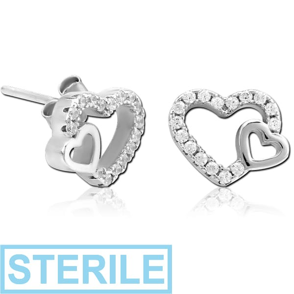STERILE STERLING SILVER 925 JEWELLED EAR STUDS PAIR - TWO HEARTS