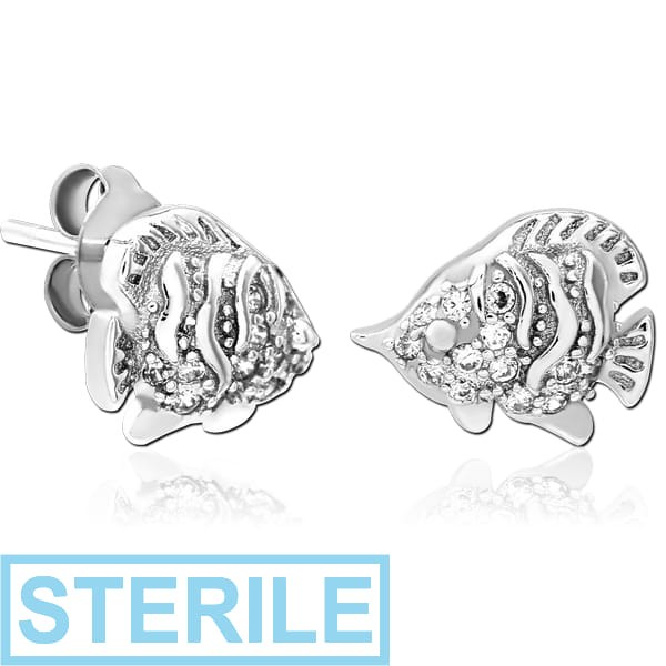 STERILE STERLING SILVER 925 JEWELLED EAR STUDS PAIR - FISH